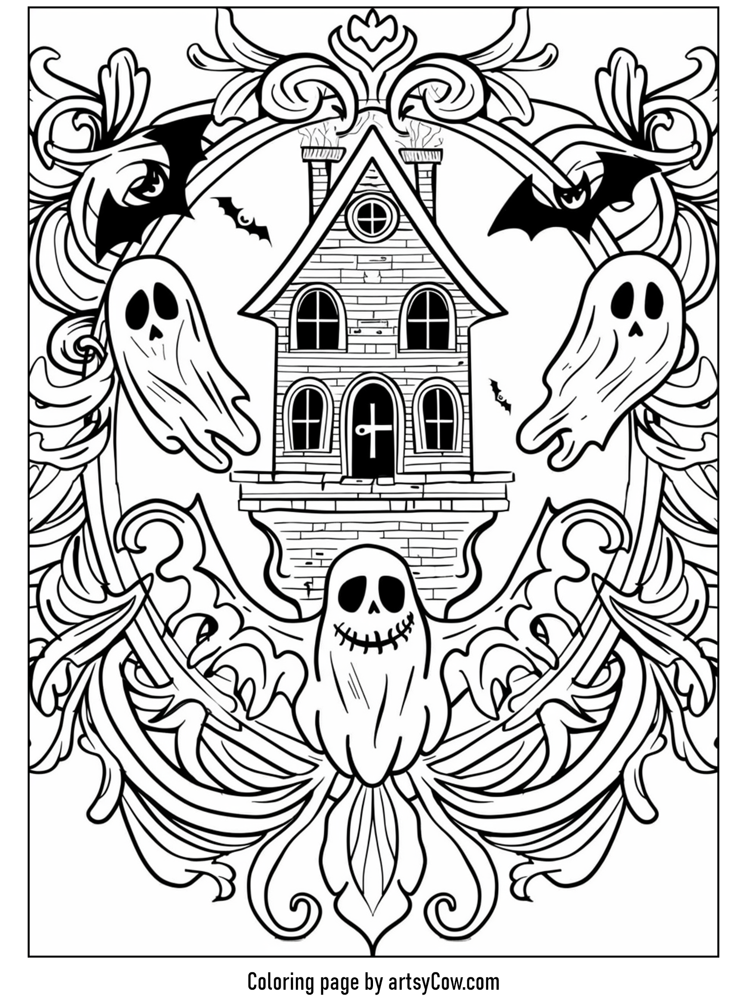halloween ghost mandala featuring friendly ghosts swirling around a spooky, intricate haunted house, all framed by ornate, ghostly designs.